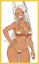 :d animal_ears ass_visible_through_thighs bare_shoulders bikini blush boku_no_hero_academia border breasts cleavage collarbone dark-skinned_female dark_skin female flowers-imh gold_bikini hand_on_own_hip highres large_breasts long_eyelashes long_hair looking_to_the_side miruko my_hero_academia navel parted_bangs rabbit_ears rabbit_girl red_eyes rumi_usagiyama side-tie_bikini_bottom smile solo stomach swimsuit teeth thighs toned usagiyama_rumi white_background white_hair yellow_border