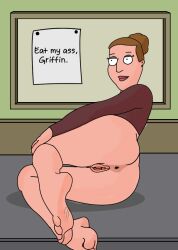 accurate_art_style angela_(family_guy) anus ass charonthebaron english_text family_guy feet female female_only lowres office_lady presenting_anus presenting_pussy soles uniform