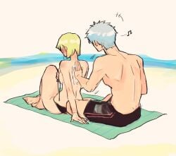 1boy 1girls beach bikini black_bikini blonde_hair blush breast_hold embarrassed female full_body gintama gintoki_sakata male outside rear_view short_hair shouinoue sideboob sitting sunscreen swimsuit tsukuyo untied_bikini