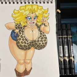 bent_over big_breasts blonde_hair blue_eyes booty_shorts bracelet earrings fake_nails huge_breasts kaitlin_(northernjeremiah) leopard_print lip_gloss lips northernjeremiah shiny short_shorts thick_thighs