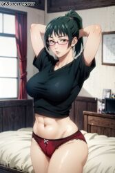 ai_generated belly_button female female_only glasses green_hair jujutsu_kaisen large_breasts midriff mommy panties ponytail solo solo_female suicidespit thighs zenin_maki