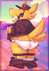 a_hat_in_time anthro ass avian balls bird bottomwear bottomwear_down clothed clothing feathers genitals hat headgear headwear hi_res male open_mouth pants pants_down partially_clothed presenting presenting_hindquarters salamikii the_conductor_(ahit) underwear yellow_body yellow_feathers