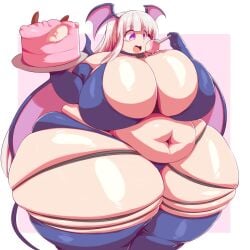 big_ass big_belly big_breasts cake chubby elbow_gloves fat food huge_ass huge_breasts huge_thighs hyper_ass hyper_thighs looking_at_viewer muffin_top open_mouth pink_eyes smile standing succi_(alphaerasure) succubus tail thighhighs tight_clothing trinity-fate62 white_hair wide_hips wings wings_on_head