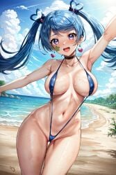 ai_generated beach_background bikini blue_angel blue_hair blush huge_breasts looking_at_viewer navel purple_eyes ribbon sephiaton955 sling_bikini smile solo twintails yu-gi-oh! yu-gi-oh!_vrains zaizen_aoi