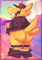 a_hat_in_time anthro ass avian balls bird bottomwear bottomwear_down clothed clothing feathers genitals hat headgear headwear hi_res male male_only mooning open_mouth pants pants_down partially_clothed presenting presenting_hindquarters salamikii the_conductor the_conductor_(ahit) yellow_body