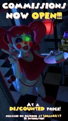 3d 3d_(artwork) advertisement animatronic baby_(fnafsl) big_breasts blush blush bottomless breasts breasts breasts cake circus_baby circus_baby_(fnaf) clothed_female clothes clown clown_girl clown_nose commission crop_top eyebrows female female_focus female_only five_nights_at_freddy's five_nights_at_freddy's:_sister_location fredbear_(fnaf) fredbear_plush glowing_eyes green_eyes humanoid large_breasts lewdwithlogan looking_at_viewer looking_up mostly_clothed one_eye_closed panties peace_sign plushie red_cheeks red_hair red_lipstick red_nose robot robot_girl rosy_cheeks shoes solo solo_female solo_focus source_filmmaker topwear twintails white_body white_skin wink winking