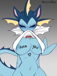 anthro bell bell_collar blue_body blush body_writing breasts cleavage clothed clothing clothing_lift collar eeveelution female fishkittn generation_1_pokemon hi_res mammal nintendo pokemon pokemon_(species) pukemilked shirt shirt_in_mouth shirt_lift skullwife solo tail topwear vaporeon