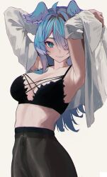 armpits arms_up black_bra blue_hair bra dragon_girl elira_pendora hair_over_one_eye head_wings naokomama nijisanji nijisanji_en pantyhose undressing virtual_youtuber white_shirt