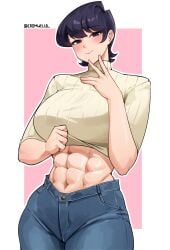 1girls abs anime asian asian_female athletic athletic_female big_breasts blush blushing breasts cromwellb japanese_female jeans komi-san_wa_komyushou_desu komi_shuuko looking_at_viewer milf mother muscle_girl muscle_mommy muscular muscular_female navel shirt_lift short_hair solo solo_female solo_focus sweater