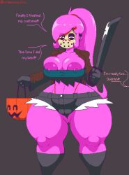 1girls 2d areola areolae cosplay disproportional female friday_the_13th hairclip halloween halloween_costume hockey_mask huge_breasts jason_voorhees_(cosplay) long_hair machete may_(xmelomor24x) nipple_bulge nipples pink_body pink_hair pixel_art ponytail shorts solo solo_female thick_thighs wide_hips xmelomor24x