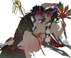 1boy 1girls angry_expression blood brown_nipples demon_boy demon_girl demon_horns demon_slayer dual_persona female fingering fingering_pussy genderswap_(mtf) gore hantengu impaled impalement karaku kimetsu_no_yaiba long_hair_female long_hair_male long_nails muscular_female muscular_male nipple oni pussy_juice pussy_juice_drip rule_63 sekido selfcest small_breasts tan_skin tengu tongkushiai wet_pussy youkai