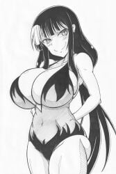 1girls bangs black_hair blunt_bangs cleavage collarbone female ha_jin huge_breasts ikaruga_(senran_kagura) midriff monochrome navel pencil_(artwork) senran_kagura simple_background skindentation smile solo standing straight_hair thick_ass thick_thighs very_long_hair white_background