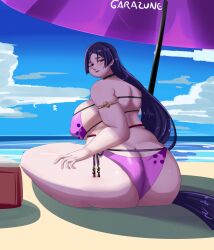 1girls 2023 artist_name ass bbw beach breasts chubby chubby_female curvaceous curvy fate/grand_order fate_(series) female female_focus garazune heels hi_res high_resolution highres huge_ass huge_breasts long_hair looking_at_viewer looking_back minamoto_no_raikou_(fate/grand_order) minamoto_no_raikou_(swimsuit_lancer) nipple_bulge plump purple_hair solo solo_female solo_focus voluptuous