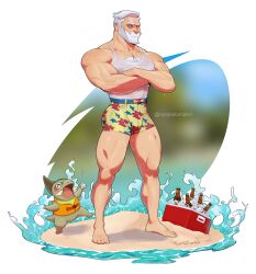 1boy 2023 bara barazoku beard bulge clothing daddy drayden facial_hair gay hairy hairy_chest hi_res highres looking_at_viewer male male_focus male_only manly muscles muscular muscular_arms muscular_legs muscular_male muscular_thighs nintendo pecs pokemon pokemon_bw pokemon_bw2 rumpletumple1 solo solo_male tight_clothing wet white_beard white_hair