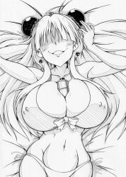 1girls ahoge bangs bed bikini blunt_bangs collarbone earrings female front_view ha_jin hair_bun hair_ornament huge_breasts lying lying_on_back lying_on_bed midriff monochrome navel nipple_bulge object_between_breasts pencil_(artwork) renka_(senran_kagura) ribbon senran_kagura skindentation smile solo