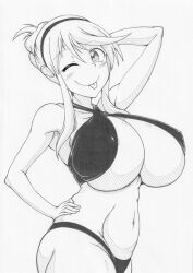 1girls areola_slip bikini eyebrows_visible_through_hair female ha_jin hair hair_ornament hairband huge_breasts katsuragi_(senran_kagura) light-skinned_female light_skin looking_at_viewer midriff monochrome navel nipple_bulge pencil_(artwork) senran_kagura short_hair sidelocks smile solo standing thick_ass thick_thighs