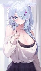 big_breasts black_bra blue_hair bra braid braided_hair cleavage deyui dragon_girl elira_pendora hair_in_mouth hair_over_one_eye head_wings large_breasts mole nijisanji nijisanji_en shirt_down sweat sweater virtual_youtuber