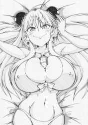 1girls ahoge bangs bed bikini blunt_bangs collarbone earrings female front_view ha_jin hair_bun hair_ornament huge_breasts lying lying_on_back lying_on_bed midriff monochrome navel nipple_bulge object_between_breasts pencil_(artwork) renka_(senran_kagura) ribbon senran_kagura skindentation smile solo