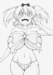 1girls 2023 :d breasts cameltoe collarbone eyebrows_visible_through_hair female flower-shaped_pupils front_view ha_jin hair_ornament hair_ribbon hibari_(senran_kagura) huge_breasts kunoichi looking_at_viewer marvelous medium_hair midriff monochrome navel open_mouth panties pencil_(artwork) ribbon ribbon_bondage ribbon_bra senran_kagura simple_background sketch skindentation smile solo standing teeth thick_thighs tongue twintails white_background