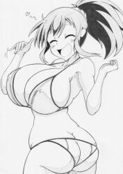 1girls :d asuka_(senran_kagura) bangs bikini female ha_jin huge_breasts long_hair looking_at_viewer looking_back monochrome nipple_bulge open_mouth pencil_(artwork) ponytail senran_kagura simple_background solo standing thick_ass thick_thighs white_background