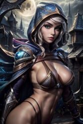 1girls ai_generated assassin big_breasts breasts city city_background female female_assassin female_focus female_only gender_transformation genderbend hoodie large_breasts league_of_legends looking_at_viewer looking_back night riot_games rule_63 talon_du_couteau