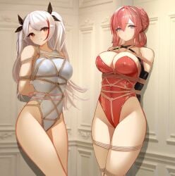 2girls against_wall armbinder arms_behind_back azur_lane black_gloves black_ribbon bondage bound box_tie braid breasts cleavage covered_nipples crown_braid elbow_gloves female gloves hair_between_eyes hair_ribbon highleg highleg_leotard highleg_swimsuit indoors large_breasts latex latex_gloves leotard long_hair looking_at_viewer monarch_(azur_lane) monoglove multicolored_hair multiple_girls one-piece_swimsuit orange_eyes prinz_eugen_(azur_lane) purple_eyes red_hair red_leotard ribbon rope rope_bondage shibari shibari_over_clothes strapless strapless_leotard streaked_hair swimsuit tagme two-tone_dress white_hair white_one-piece_swimsuit yuuraku_yuraku