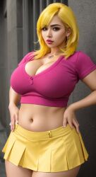 ai_generated big_breasts busty cute d4rk_v0id large_breasts latina miniskirt petite pink_clothing pink_shirt skirt yellow_clothing yellow_hair yellow_skirt