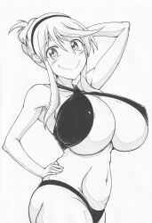 1girls areola_slip bikini eyebrows_visible_through_hair female ha_jin hair hair_ornament hairband huge_breasts katsuragi_(senran_kagura) light-skinned_female light_skin looking_at_viewer midriff monochrome navel nipple_bulge pencil_(artwork) senran_kagura short_hair sidelocks smile solo standing thick_ass thick_thighs