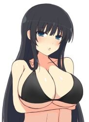 1girls bangs bikini bikini_top black_bikini black_hair blue_eyes blunt_bangs cleavage collarbone eyebrows_visible_through_hair female front_view hair huge_breasts ikaruga_(senran_kagura) light-skinned_female light_skin looking_at_viewer manjou open_mouth senran_kagura simple_background solo straight_hair very_long_hair white_background