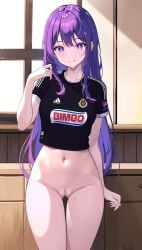 adidas ai_generated bimbo_(bakery) bottomless club_deportivo_guadalajara grupo_bimbo hoshino_ai long_hair looking_at_viewer nekom14 oshi_no_ko pepsi purple_eyes purple_hair pussy soccer_jersey star-shaped_pupils