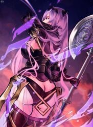 1girls arm_behind_head armor ass axe bare_thighs big_ass big_breasts black_panties boots breasts busty butt_crack camilla_(fire_emblem) fake_horns fat_ass female female_only fire_emblem fire_emblem_fates from_behind gloves greaves highres horns huge_ass large_breasts long_hair looking_to_the_side nico_artooo nintendo outdoors panties pelvic_curtain purple_eyes purple_footwear purple_hair see-through sensual sideboob smile solo standing thick_thighs thigh_boots thighs underwear veil very_long_hair weapon white_background