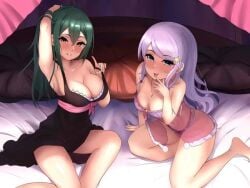 2girls anastasia_hoshin armpits breasts cleavage crusch_karsten female female_only green_hair licking_own_finger looking_at_viewer nightgown on_bed purple_hair re:zero_kara_hajimeru_isekai_seikatsu relpama smile thick_thighs translucent_clothing underwear