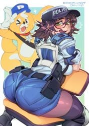 1girls armor ass astral_chain belt big_ass big_breasts big_butt black_boots blue_shorts blush boots bottom_heavy breasts brown_hair busty canine dat_ass female female_focus glasses gloves gofa green_eyes hourglass_figure huge_ass jean_shorts lappy_(astral_chain) large_ass large_butt latex latex_thighhighs light-skinned_female light_skin looking_at_viewer looking_back looking_back_at_viewer marie_wentz nervous_smile police police_hat police_officer police_uniform policewoman pouch pouches round_ass shirts short_hair short_shorts skindentation thighhighs thighs voluptuous white_gloves yellow_dow