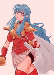 1girls ass big_ass black_panties blue_eyes blue_hair blush boots cape eirika_(fire_emblem) english_commentary female female_only fingerless_gloves fire_emblem fire_emblem:_the_sacred_stones gloves hair_behind_ear herdwicoco highres holding holding_sword holding_weapon long_hair looking_back nintendo notice_lines panties pantyshot pink_background pleated_skirt rapier red_footwear red_gloves red_shirt shirt sidelocks skirt skirt_lift solo sword thigh_boots underwear upskirt very_long_hair weapon white_cape