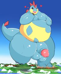 absurd_res anthro balls big_balls blue_body blush closed_eyes croconaw eating generation_2_pokemon genitals heart hi_res humanoid_genitalia humanoid_penis kify landscape_dwarfing macro male male_only nintendo overweight overweight_anthro overweight_male penis pokemon pokemon_(species) solo stomping thick_thighs yellow_body