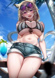 :d arknights arm_support bikini_top cowboy_shot cute_fang drink huge_breasts railing shorts sitting_on_railing sunglasses sunglasses_on_head thick_thighs tropical_drink utage_(arknights) utage_(summer_flowers)_(arknights) wet_skin