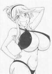 1girls areola_slip bikini eyebrows_visible_through_hair female ha_jin hair hair_ornament hairband huge_breasts katsuragi_(senran_kagura) light-skinned_female light_skin looking_at_viewer midriff monochrome navel nipple_bulge pencil_(artwork) senran_kagura short_hair sidelocks smile solo standing thick_ass thick_thighs