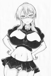 1girls ass_visible_through_thighs cameltoe female glasses ha_jin huge_breasts impossible_clothes long_hair looking_at_viewer midriff miniskirt monochrome navel panties pencil_(artwork) rin_(senran_kagura) school_uniform senran_kagura simple_background solo standing suzune_(senran_kagura) thick_thighs thigh_gap tie white_background