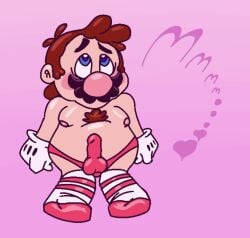 1boy blue_eyes blush boner brown_hair chest_hair enterman erect_penis erection erection_pushing_underwear erection_under_clothes full_body gradient_background hearts looking_up male male_only malesub mario mario_(series) moaning moaning_in_pleasure nipples penis_shaped_bulge penis_under_clothes pink_background pink_nipples pink_underwear simple_background simple_coloring solo standing striped_socks text