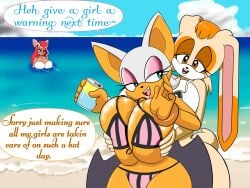 3girls anthro beach bikini blue_eyes breast_expansion breast_grab brown_eyes chiropteran cow_print dialogue eyeshadow female fondling_breast hourglass_figure huge_breasts lagomorph massage milf multiple_girls ocean orange_hair original_character roga14 rouge_the_bat sega sonic_(series) thick_thighs vanilla_the_rabbit wide_hips yuri