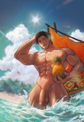 1boy abs absurdres adventurer_(ff14) bara beach black_hair blue_eyes cloud completely_nude day drink erection facial_hair final_fantasy final_fantasy_xiv final_fantasy_xiv_dawntrail food fruit highres holding holding_food holding_fruit hyur large_pectorals looking_at_viewer male_focus male_only mikomi_95 mountains muscular muscular_male navel nipples nude outdoors partially_submerged pectorals penis pineapple seagull short_hair sky smile smooth_skinned_male solo standing_in_water sun testicles veiny_penis viewed_from_below warrior_of_light_(ff14) warrior_of_light_(final_fantasy_xiv) water