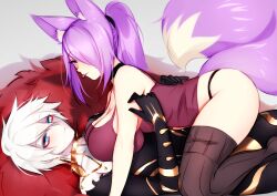 1girls big_breast big_breasts black_panties black_stockings blue_eyes cowgirl_position dirtykuro fate_(series) fox fox_ear fox_ears fox_girl fox_tail foxgirl foxykuro girl_on_top hair_covering_eye hair_covering_one_eye hair_over_eye hair_over_one_eye huge_breast huge_breasts karna_(fate) kuro_(foxykuro) large_breast large_breasts long_hair_female long_purple_hair on_top panties purple_hair purple_hair_female sticking_out_tongue stockings tease teasing tongue_out white_hair white_hair_male