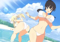 2girls beach bending_over bikini black_hair blonde_hair blue_eyes cloud female female_only hair_ornament ikaruga_(senran_kagura) light-skinned_female light_skin manjou nature open_mouth outside senran_kagura senran_kagura_peach_beach_splash smile sun tree water white_bikini yomi_(senran_kagura)