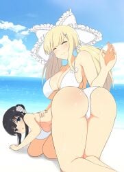 2girls beach bending_over bikini black_hair blonde_hair blue_eyes cloud female female_only hair_ornament ikaruga_(senran_kagura) light-skinned_female light_skin manjou nature open_mouth outside senran_kagura smile sun tree water white_bikini yomi_(senran_kagura)