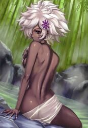 afro arm_support ass back bamboo bamboo_forest bare_back bathing breast_hold breasts dark-skinned_female dark_skin eiwa female female fingernails flower forest hair_flower hair_ornament hair_over_one_eye long_fingernails looking_back nail nature no_more_heroes nude onsen outdoors purple_eyes shinobu_jacobs short_hair sideboob small_breasts solo steam towel transparent upscaled water white_hair