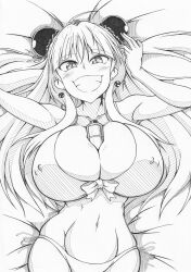 1girls ahoge bangs bed bikini blunt_bangs collarbone earrings female front_view ha_jin hair_bun hair_ornament huge_breasts lying lying_on_back lying_on_bed midriff monochrome navel nipple_bulge object_between_breasts pencil_(artwork) renka_(senran_kagura) ribbon senran_kagura skindentation smile solo