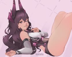 1girls big_breasts big_lips bodysuit goddess_of_victory:_nikke harran horns legs_up lexcelu purple_hair solo thigh