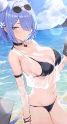 beach bikini black_bikini black_swimsuit blue_hair blush choker cleavage dragon_girl elira_pendora female female_only fully_clothed hair_over_one_eye head_wings navel nijisanji nijisanji_en revealing_clothes ruru_nnnn short_hair sunglasses_on_head swimsuit translucent_clothing transparent_clothing virtual_youtuber wet