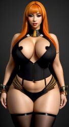 ai_generated big_breasts black_clothing black_hair breasts busty cute d4rk_v0id dark_aerola dark_areola dark_nipples egyptian large_breasts nip_slip nipple_slip orange_clothing orange_hair petite small_nipples wardrobe_malfunction