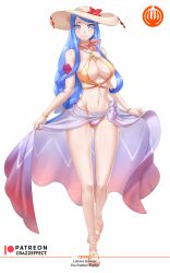 1girls alternate_costume ass_visible_through_thighs bare_legs bare_midriff bare_shoulders bikini blue_eyes blue_hair braid braided_ponytail breasts cleavage collarbone crazzeffect female female_only fire_emblem fire_emblem_engage full_body hat hat_flower large_breasts legs long_hair looking_at_viewer lumera_(fire_emblem) mature mature_female midriff nintendo orange_bikini orange_swimsuit sarong scarf see-through shoulders smile solo sun_hat swimsuit very_long_hair white_background